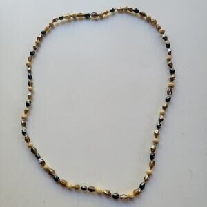 Vintage Amber Brown Glass Bead Necklace, Cream Rounds And Dark Oval Beads, 28in